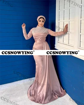 Мусульманские вечерние платья русалки из атласа с блестками, расшитые бисером, исламское вечернее платье с длинным рукавом, женское арабское Дубайское вечернее платье