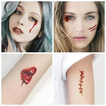 Наклейки с временными татуировками в стиле Хэллоуина, Татуировки со шрамами и кровавым макияжем, Страшные наклейки с травмами от крови