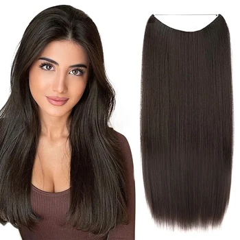 Невидимая проволока без зажима для наращивания синтетических волос длиной 16-22 дюйма, прямые, натуральные, черные, коричневые, цельные накладные волосы для женщин