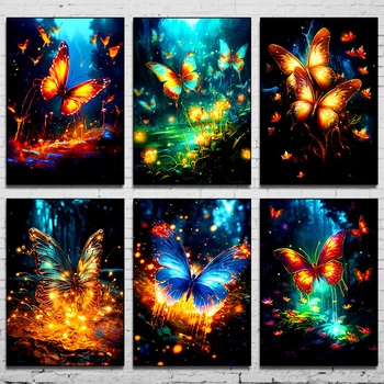 Неоновый плакат с бабочкой, пламя, абстрактный плакат с лесом, печать на холсте, настенное художественное украшение, подвесная картина для украшения домашней комнаты