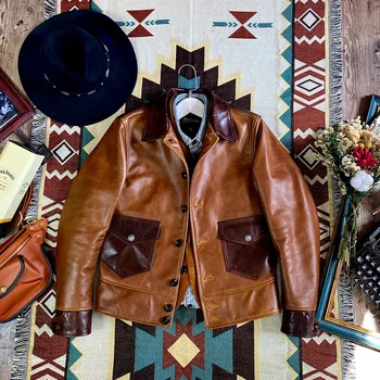 новая бесплатная доставка. 2023 брендовая коричневая масляная куртка из воловьей кожи, качественное винтажное мужское пальто из натуральной кожи в американском стиле. мужская тонкая кожаная ткань