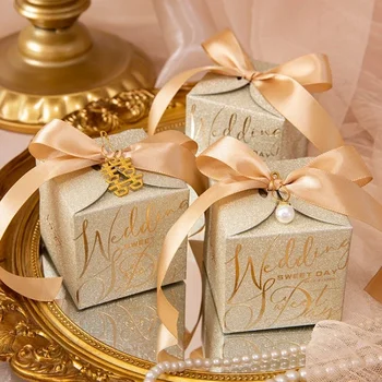 Новая свадебная коробка конфет с бантом из жемчужной ленты, высококачественная подарочная коробка для шоколада, высококачественная блестящая пудра в виде ракушки