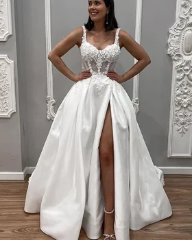 Новейшие белые свадебные платья трапециевидной формы Robe De Mariee с 3D цветочными аппликациями, разрезом по бокам, сексуальное атласное свадебное платье для невесты с карманом