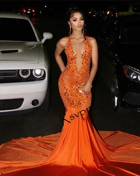 Оранжевые длинные платья для выпускного вечера 2023 года для чернокожей девушки, изысканные бусины ручной работы, прозрачные сетчатые топы, женские вечерние платья русалки