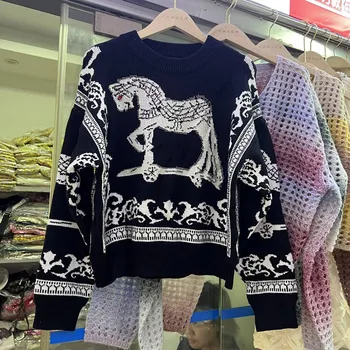 Осенне-весенний Жаккардовый Кашемировый свитер с лошадьми, Роскошные женские джемперы с бриллиантами, Винтажный шерстяной пуловер, Трикотаж, Мягкая базовая одежда для подиума H181