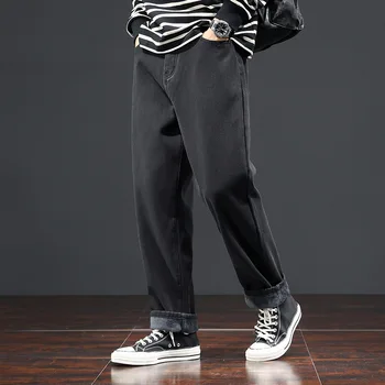 Осенне-зимние шаровары, джинсы, мужские свободные эластичные теплые широкие брюки с подкладкой большого размера, молодежные повседневные мужские брюки 46 48