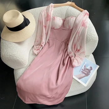 Осеннее женское шикарное розовое платье в стиле пэчворк с квадратным воротником и пышными рукавами, Трапециевидные плиссированные офисные платья средней длины для леди