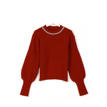 Осень и зима с длинными рукавами Женская одежда утолщенный вязаный сплошной цвет свободный пуловер жемчуг бриллиант вязаный свитер