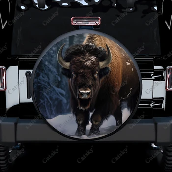 Плотный Полиэстеровый Чехол для Шин Запасного Колеса Bison Snow Forest на Заказ из Полиэстера для Прицепа RV SUV Truck Camper