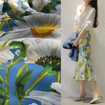 Полиэфирная Шифоновая Ткань с принтом Голубой хризантемы, Ткань Шириной 145 см, Крепдешиновая Одежда, Ткани для Платья-рубашки по метру