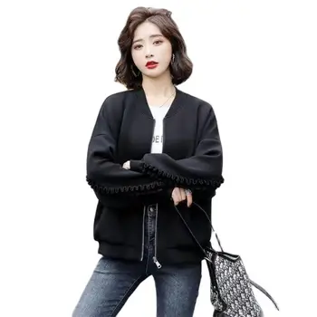 Полностью хлопчатобумажные Черные толстовки Модный дизайн Весна Осень Зимний свитер Повседневная Женская куртка Корейская верхняя одежда Женская спортивная одежда