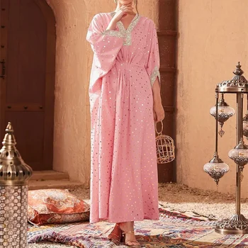 Розовое платье-кафтан с Горячим Тиснением в Горошек и Кружевным Поясом на Поясе