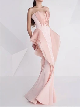 Розовое Элегантное платье без бретелек, без рукавов, с оборками на спине, с открытыми плечами, Труба / Русалка, Вечернее платье на День рождения, Сексуальное платье