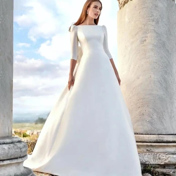 Роскошный магазин 2024 Простое атласное свадебное платье для женщин с рукавами три четверти, свадебное платье трапециевидной формы на молнии с открытой спиной, Robe De Marié
