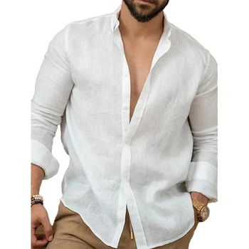 Рубашки мужские повседневные пляжные однотонные винтажные рубашки с длинным рукавом, топы на пуговицах, блузки, футболки на пуговицах, дышащие блузки