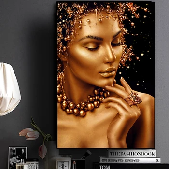 Сексуальная обнаженная африканская художественная черно-золотая женщина, картина маслом на холсте, плакаты и принты Куадроса, настенная художественная картина для гостиной