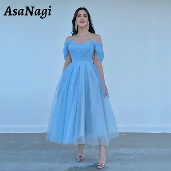 Синее платье для выпускного вечера из тюля AsaNagi, женское платье трапециевидной формы, простое вечернее платье с открытыми плечами, платья для особых случаев в стиле милой девушки