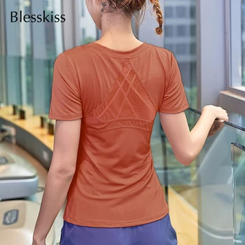Спортивная рубашка с вырезами Blesskiss, женский топ для йоги, спортивная рубашка с коротким рукавом, женские топы для фитнеса, футболка, спортивная одежда розового цвета