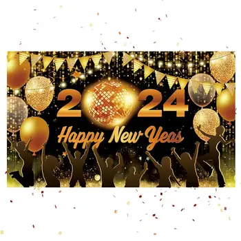 Счастливый Новогодний Фон 2024 Блеск Золота Шампанское Воздушные Шары Фейерверк Вечеринка Фотографический Фон Украшение Домашней Студии
