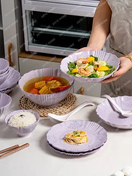 Фиолетовый набор посуды Linglan, состоящий из тарелок и мисок, самодельная подглазурная красивая миска, бытовые миски и тарелка для посуды