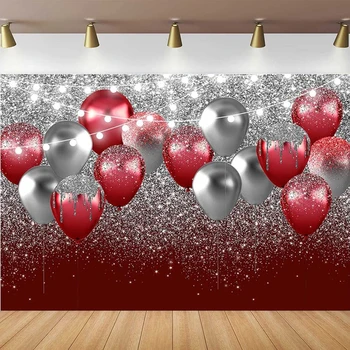 Фон для фотосъемки для украшения вечеринки по случаю Дня рождения, свадебного душа новобрачных, Бордовый, красный, с серебряными блестками, воздушные шары, фон для фото