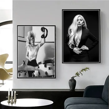 Художественная картина на холсте, черно-белый плакат со звездами и принт Певицы Леди Гаги, рисунок поп-женщины, картина для декора домашней комнаты