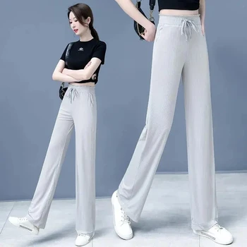 Широкие брюки Женские 2023 Летние Тонкие светло-серые брюки, свободные эластичные брюки с высокой талией, Летние женские брюки 4XL