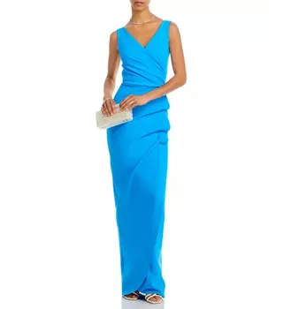 Элегантные Длинные Вечерние платья из крепового синего с разрезом-футляром, плиссированные Вечерние платья Robe De Mariée Длиной до пола на молнии сзади Для женщин